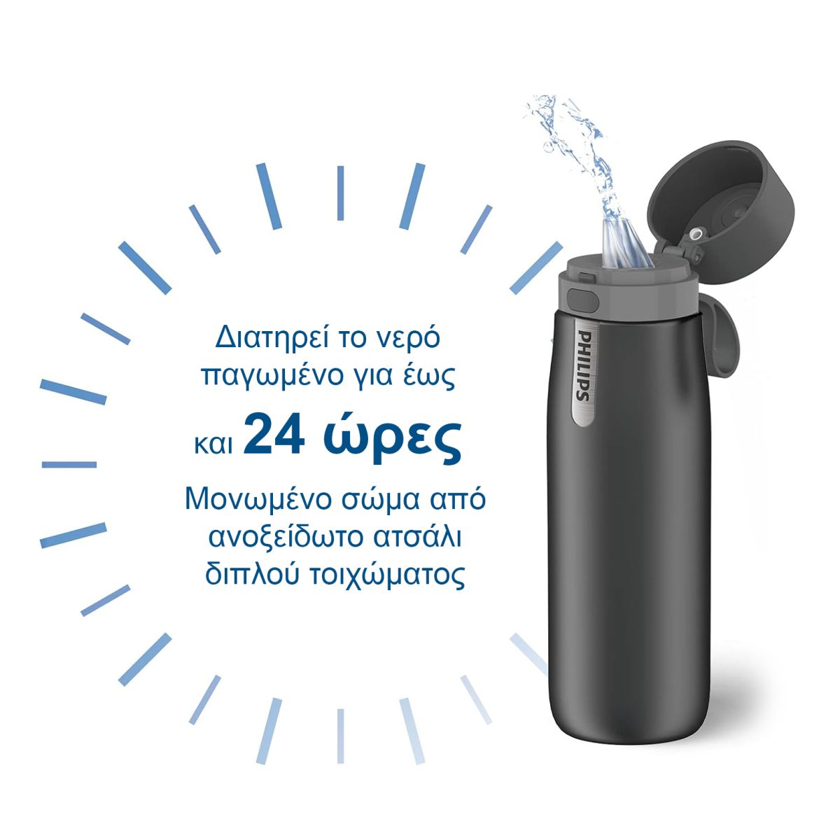 Θερμός / Μπουκάλι Παγούρι με Φίλτρο Γκρι 590ml από Ανοξείδωτο Ατσάλι Διπλού Τοιχόματος GoZero Daily AWP2771GRR Philips
